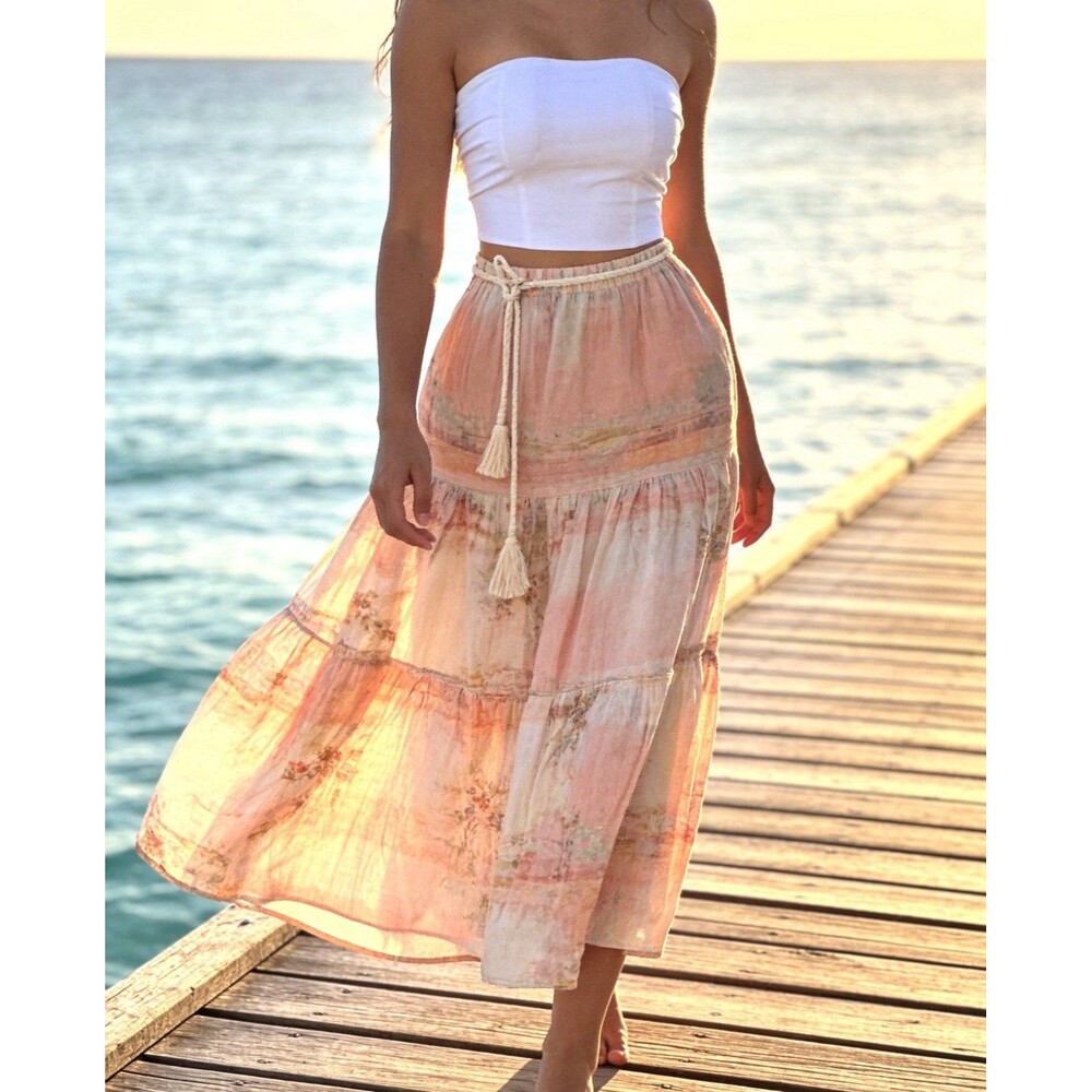 Rachel Zoe Linen Tiered Maxi Skirt White Pink Palm Trees Oasis Drawstring Size L